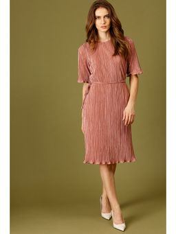 Gipsy - Dusky Pink Knee Length Round Neck Short Sleeves Solid Polyester Dress