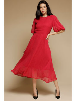 Gipsy - Red Midi Length Round Neck Polyester Dress