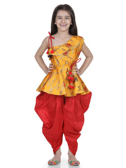 BownBee - One Shoulder Ruffle Peplum Dhoti-Yellow (Set of 2)
