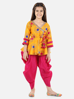 BownBee - Jacquard 3/4th Sleeve Peplum With Silk Dhoti- Yellow