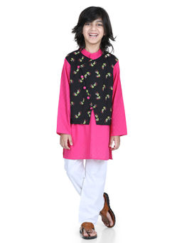 BownBee - Attached Jacket Kurta Pajama for Boys-Black (Set of 3)