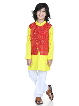 BownBee - Attached Jacket Kurta Pajama for Boys-Red (Set of 3)