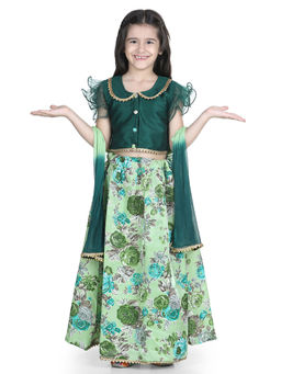 BownBee - Ruffle Sleeve Floral Lehenga-Green (Set of 3)