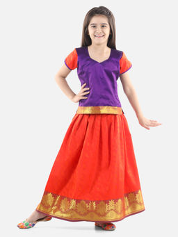 BownBee - Half Sleeve South Indian Pavda Pattu Lehenga- Purple