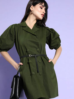 Style Quotient - Women Olive Green Cotton Blazer Dress