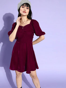 Style Quotient - Women Solid Maroon Velvet Smart Casual Mini Dress