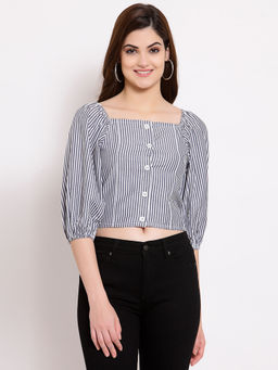 Style Quotient - Grey White Striped Regular Crop Top