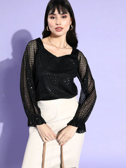 Style Quotient - Women Black Sweetheart Neck Net Sequinned Top