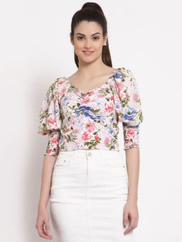 Style Quotient - White Pink Floral Printed Crepe Fitted Top