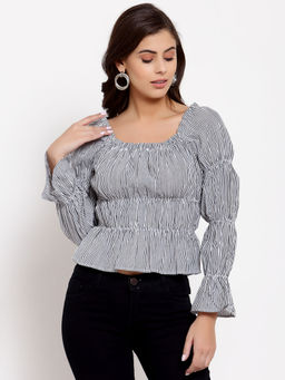 Style Quotient - Black Striped Cinched Waist Crop Top