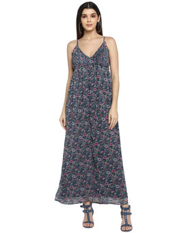 Aditi Wasan - Blue Floral Printed Polyester Halter Neck Maxi Dress