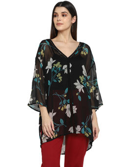 Aditi Wasan - Black Tropical Print Polyester Kaftan Top