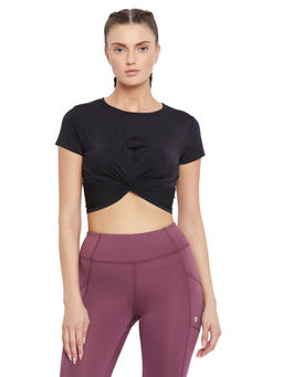 Athlisis - Women -Coloured Solid Cropped Twisted Knot Top - Black