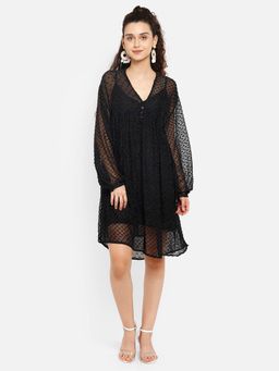 Aditi Wasan - Black Polka Printed Semi Sheer Midi Dress With Inner Lining (Set of 2)