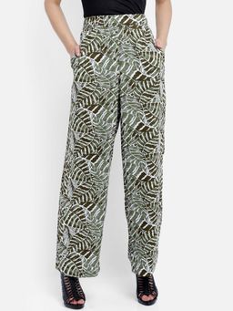 Aditi Wasan - Green Tropical Print Wide Leg Elastic High Waist Palazzo Pant
