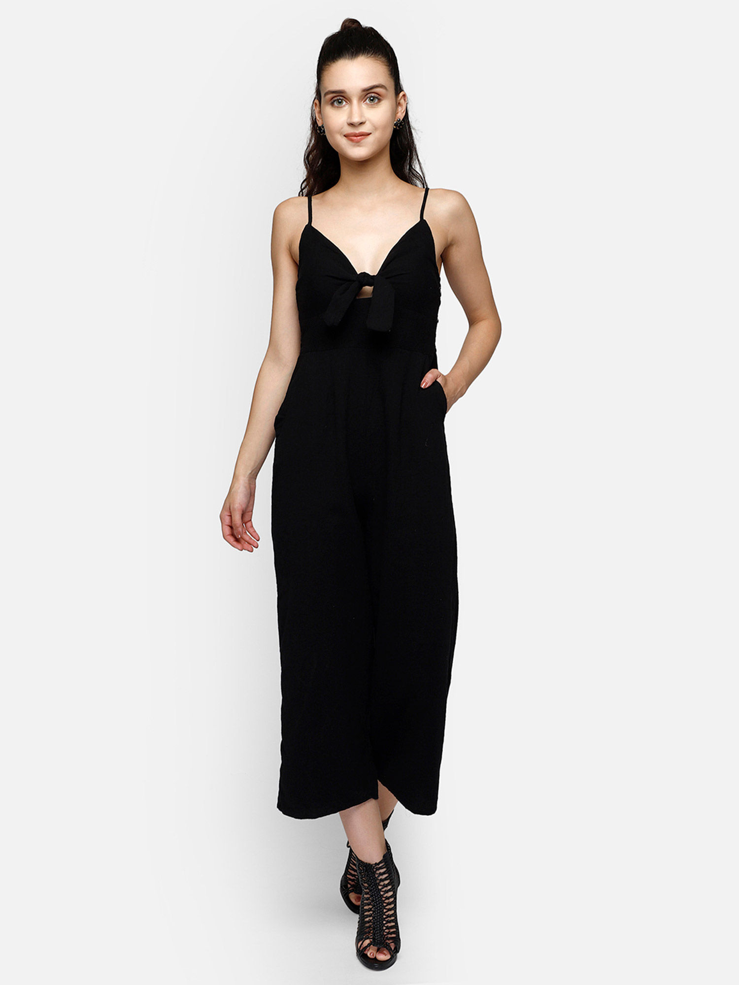 aditi wasan Solid Black Viscose Halter Neck Jumpsuit-picture-23