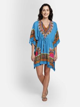 Aditi Wasan - Aditi Wasam Blue Printed Viscose Kaftan Dress