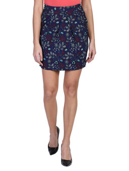Aditi Wasan - Blue Floral Printed Mini Pleated Skirt