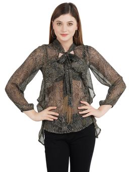 Aditi Wasan - Green Tropical Print Tie Neck Semi Sheer Ruffle Front Top
