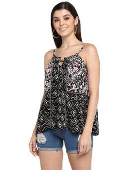 Aditi Wasan - Black Printed Viscose Tank Top With Key Hole Neck