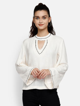 Aditi Wasan - White Embellished Viscose Keyhole Neck Top
