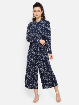 Aditi Wasan - Blue Printed Shirt Collar Jumpsuit With Waist Belt
