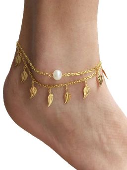 OOMPH - Gold Tone Delicate Leaf & Pearl Multi Layer Anklet