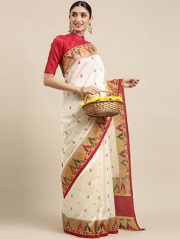 Sareemall - Off White Festive Silk Blend Printed Saree with Unstitched Blouse