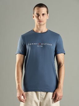 Tommy Hilfiger - Embroidered Logo Slim Fit Cotton Blue T-Shirt