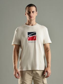 Tommy Hilfiger - Logo Printed Regular Fit Cotton Beige T-Shirt