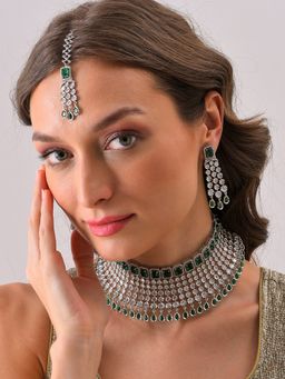 Sohi - Silver Plated Designer Stone Necklace Earrings and Maang Tikka Set