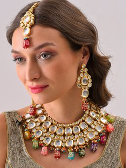 Sohi - Gold Plated Kundan Beaded Necklace Earrings and Maang Tikka Set