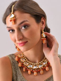 Sohi - Gold Plated Kundan Beaded Necklace Earrings and Maang Tikka Set