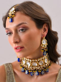 Sohi - Gold Plated Kundan Beaded Necklace Earrings and Maang Tikka Set