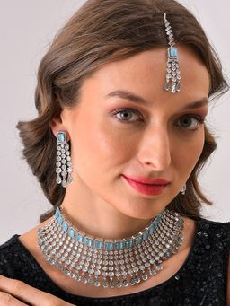 Sohi - Silver Plated Designer Stone Necklace Earrings and Maang Tikka Set