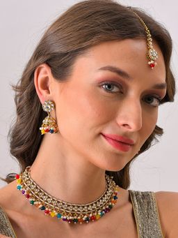 Sohi - Gold Plated Designer Stone Beaded Necklace Earrings and Maang Tikka Set