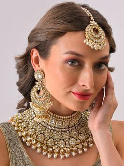 Sohi - Gold Plated Designer Stone Beaded Necklace Earrings and Maang Tikka Set