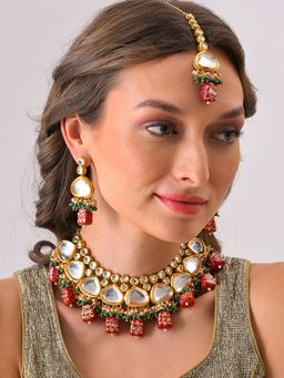 Sohi - Gold Plated Kundan Beaded Necklace Earrings and Maang Tikka Set
