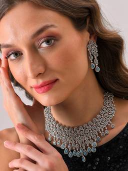 Sohi - Silver Plated Designer Stone Necklace and Earring Set
