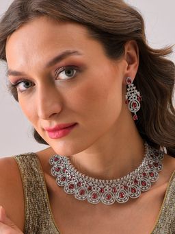 Sohi - Silver Plated Designer Stone Necklace and Earring Set