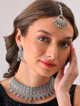 Sohi - Silver Plated Designer Stone Necklace Earrings and Maang Tikka Set