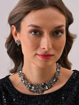 Sohi - Silver Plated Designer Stone Necklace and Earring Set