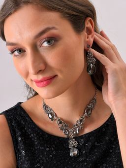 Sohi - Silver Plated Designer Stone Necklace and Earring Set