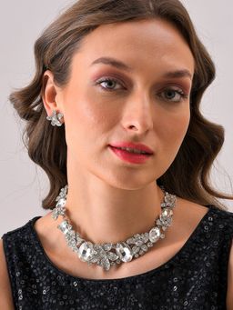 Sohi - Silver Plated Designer Stone Necklace and Earring Set