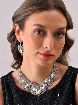 Sohi - Silver Plated Designer Stone Necklace and Earring Set