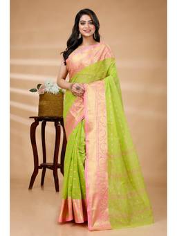 DipDiya - Sachi Pure Cotton Green Tant Saree Without Blouse