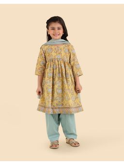 Fabindia - Girls Multi-Colour Cotton Floral Kurta with Salwar and Dupatta