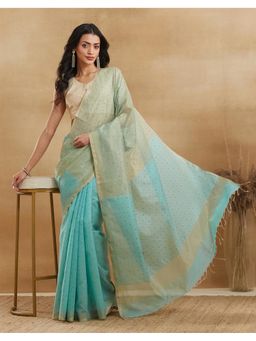 Fabindia - Blue Cotton Silk Abstract Saree with Unstitched Blouse