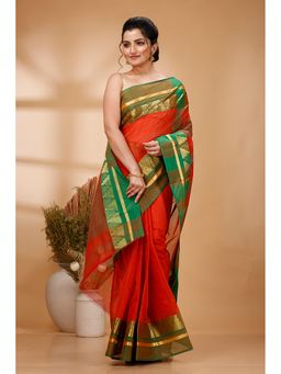 DipDiya - Orange Pure Cotton Woven Saree with Unstitched Blouse