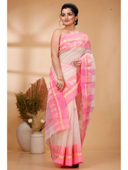 DipDiya - Pink Pure Cotton Woven Saree with Unstitched Blouse